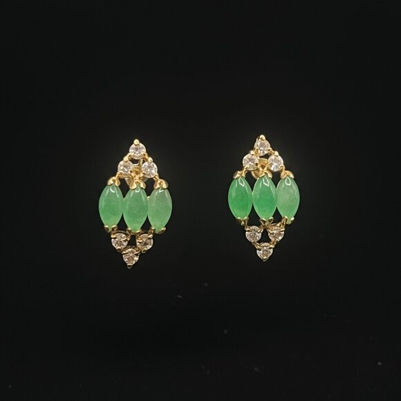 Vintage Green Jade Cabochon Stud Earrings 18k Gold Electroplate Designer Signed - Picture 1 of 6